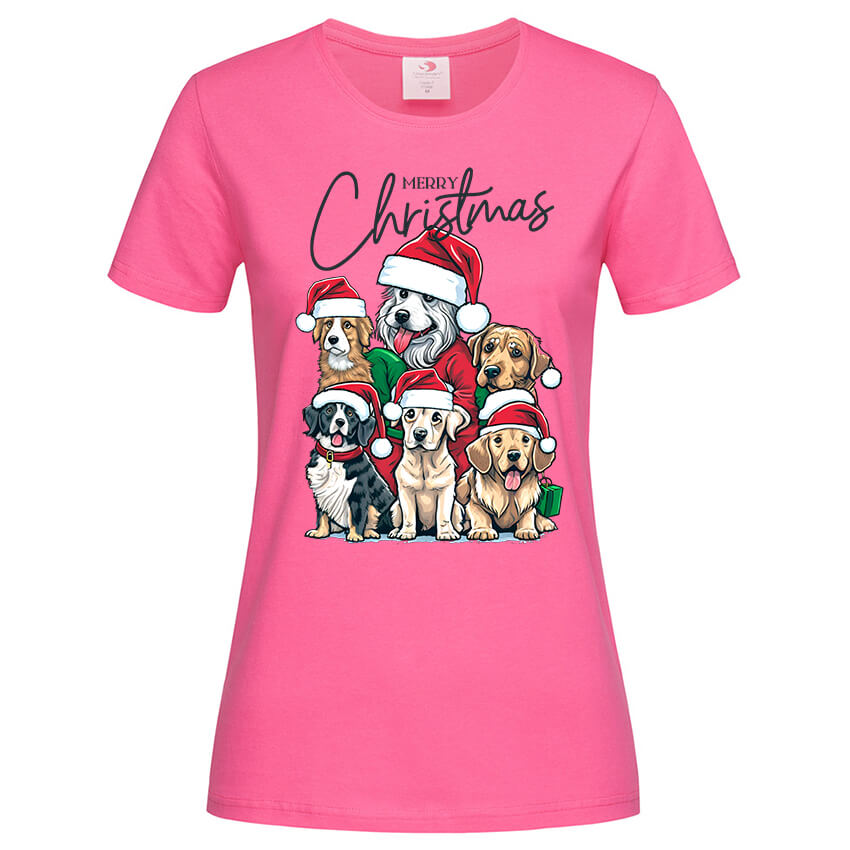 дамска коледна тениска с щампа christmas dogs