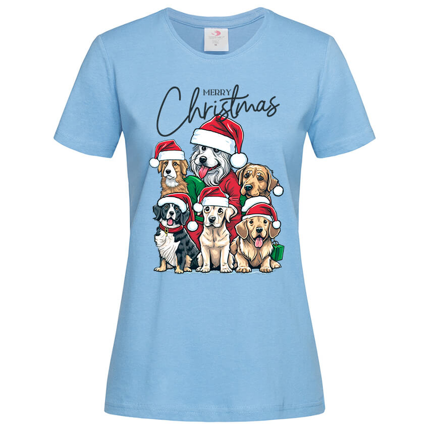 дамска коледна тениска с щампа christmas dogs