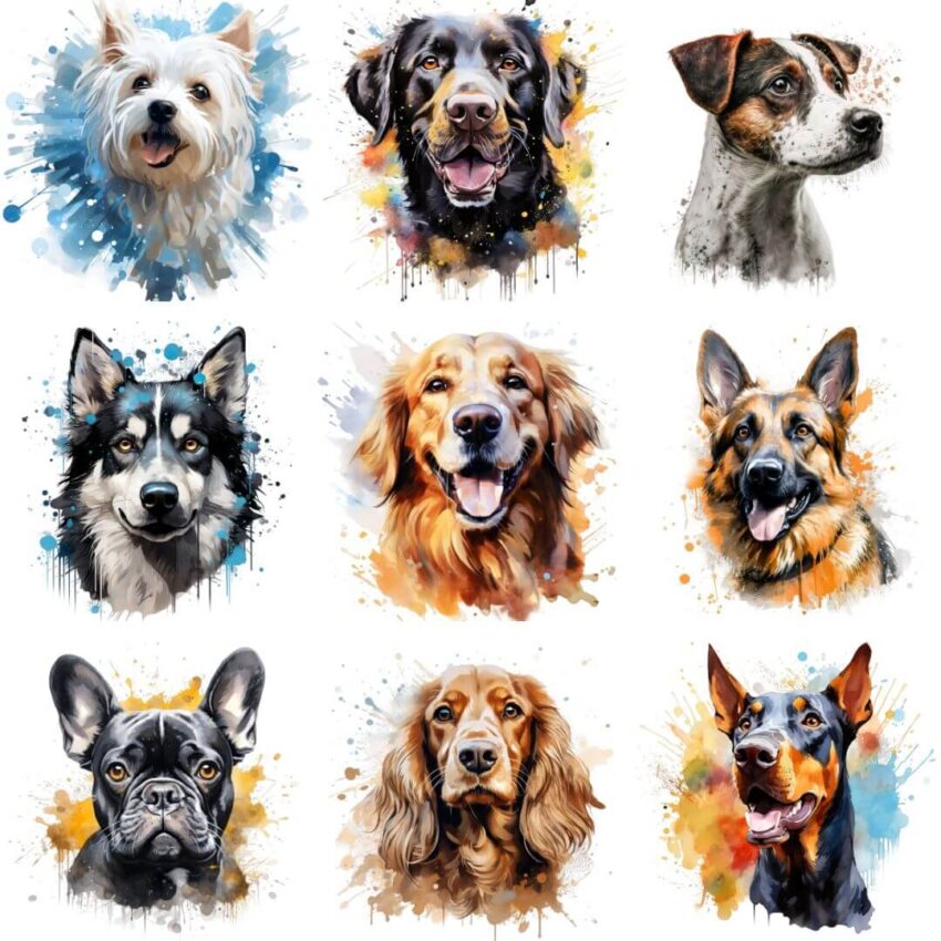акварелни картинки на различни породи кучета за тениски